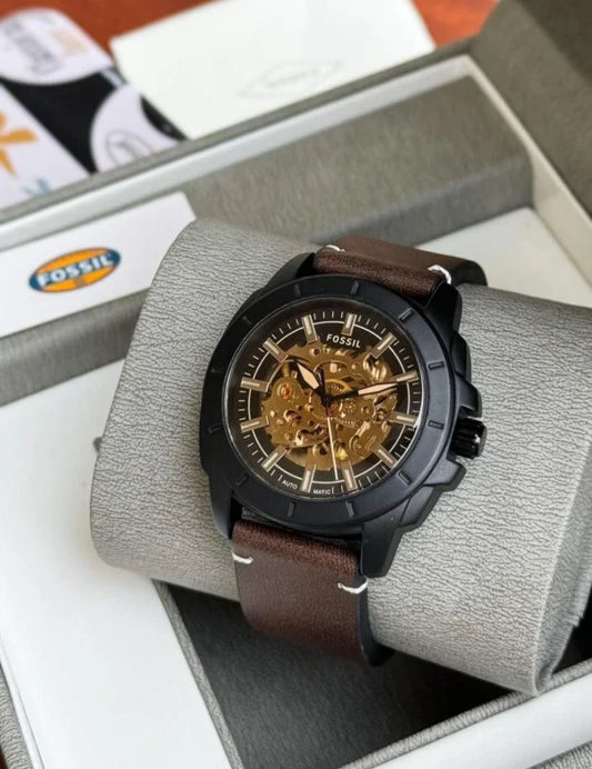 FOSSIL BRONSON [AUTOMATIC] GOLDEN BLACK CHOCOLATY LEATHER WATCH